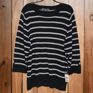 NEW Karen Scott Size 2x Sweater Black Silver Stripe Shimmer 1/4 Button Sleeve
